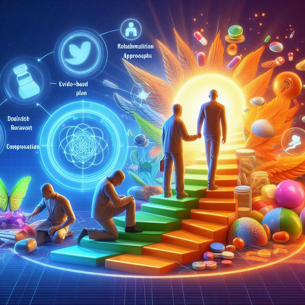 A 3d illustration that shows the journey of a person who is seeking drug de-addiction services. The illustration is divided into four parts, each representing a different stage of the process. The first part shows the person in a dark and chaotic env